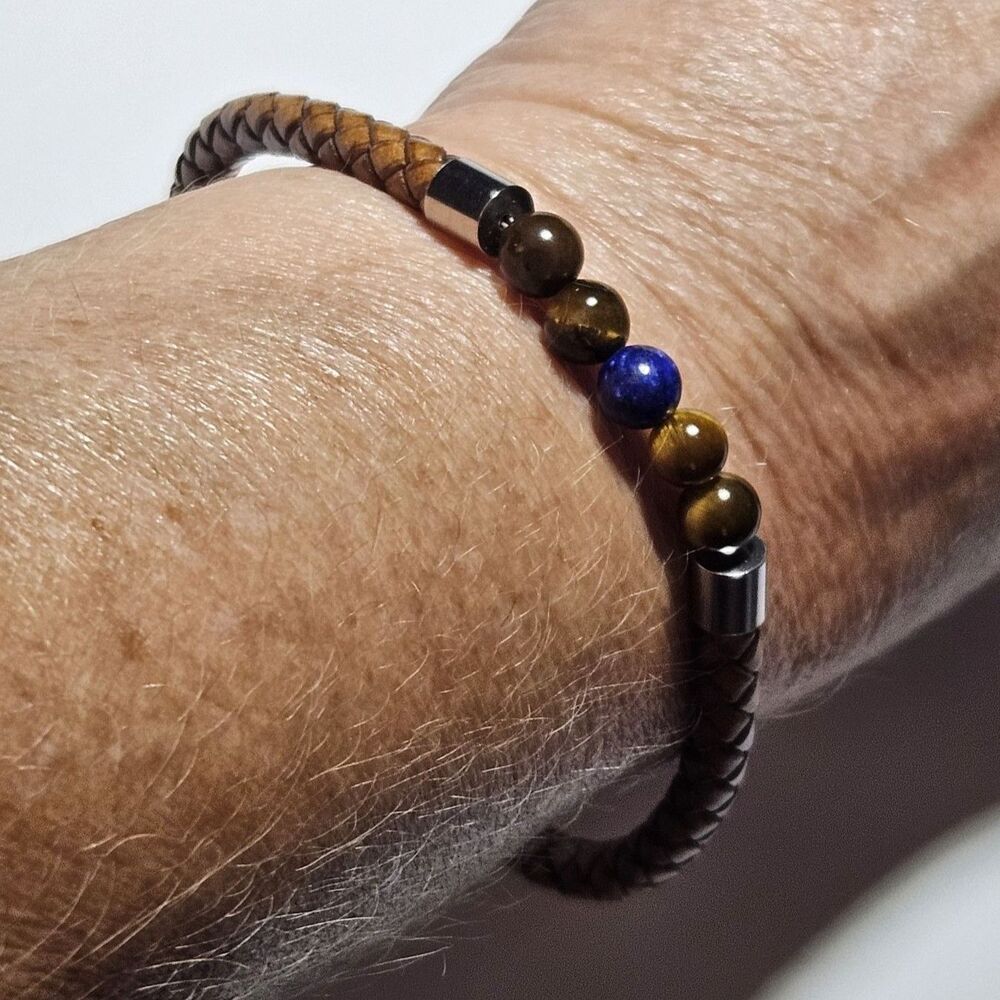 1 Tree mission Douglas Fir Tree Bracelet Silver Tone Tiger Eye Blue Lapis 7.75"